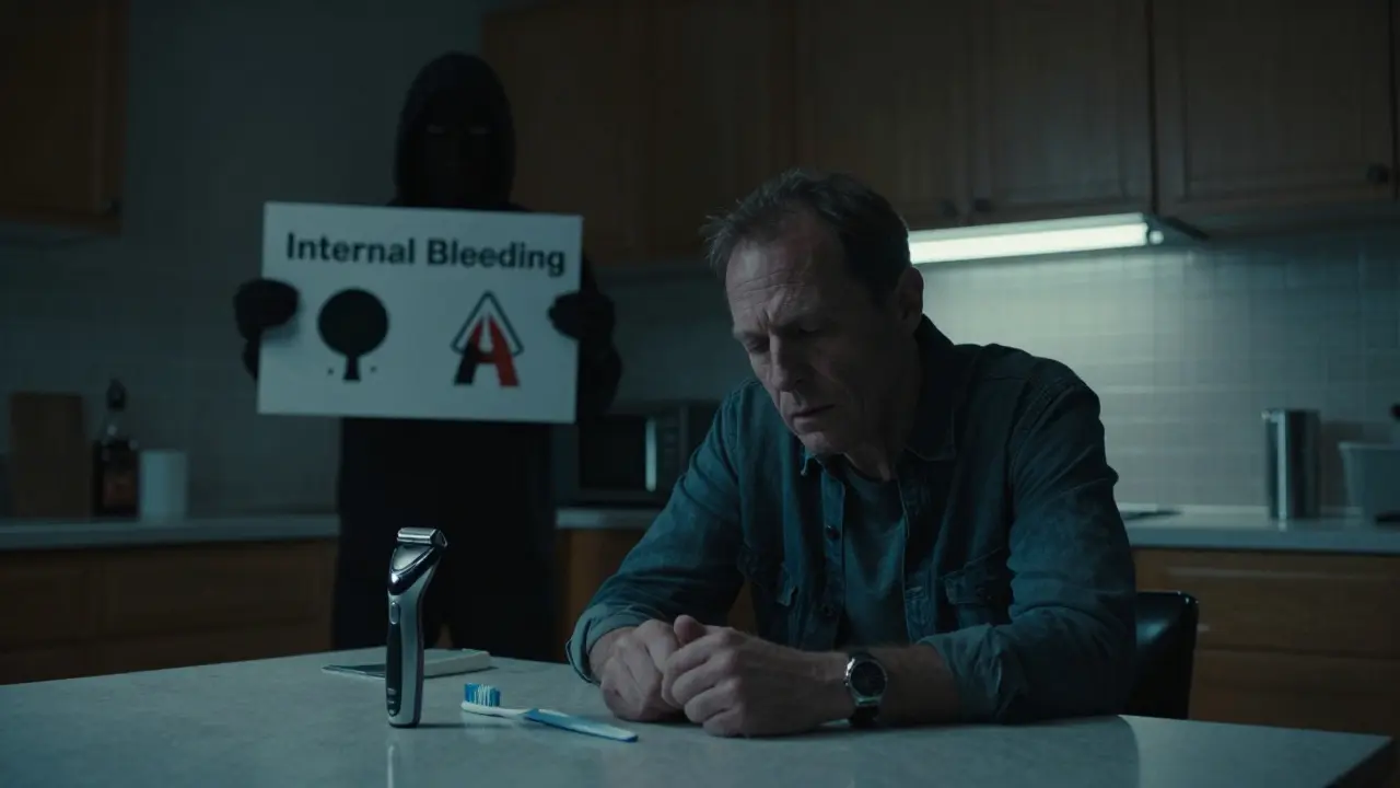 Exhausted person at a table with safety items and looming danger symbols.