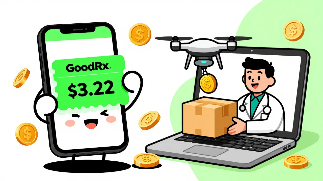 Illustration comparing cheap coupons vs telehealth meds