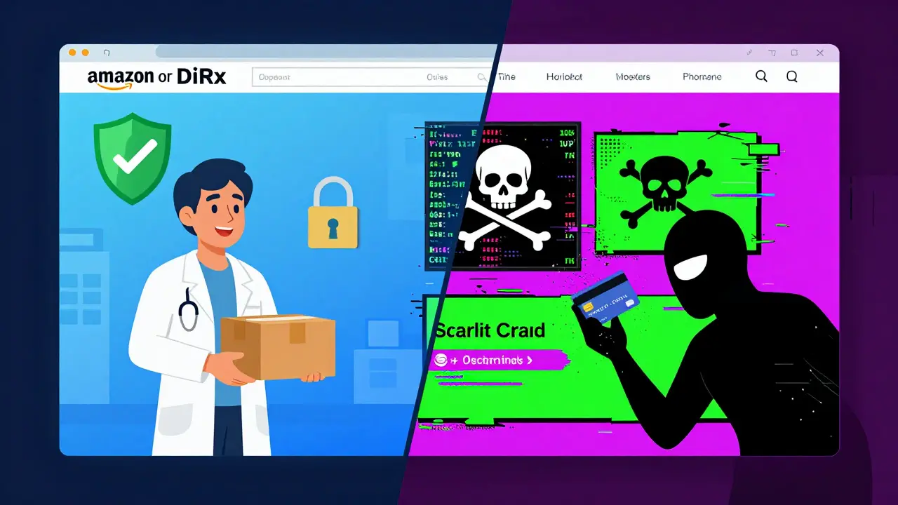 Illustration comparing safe online pharmacies versus scam sites