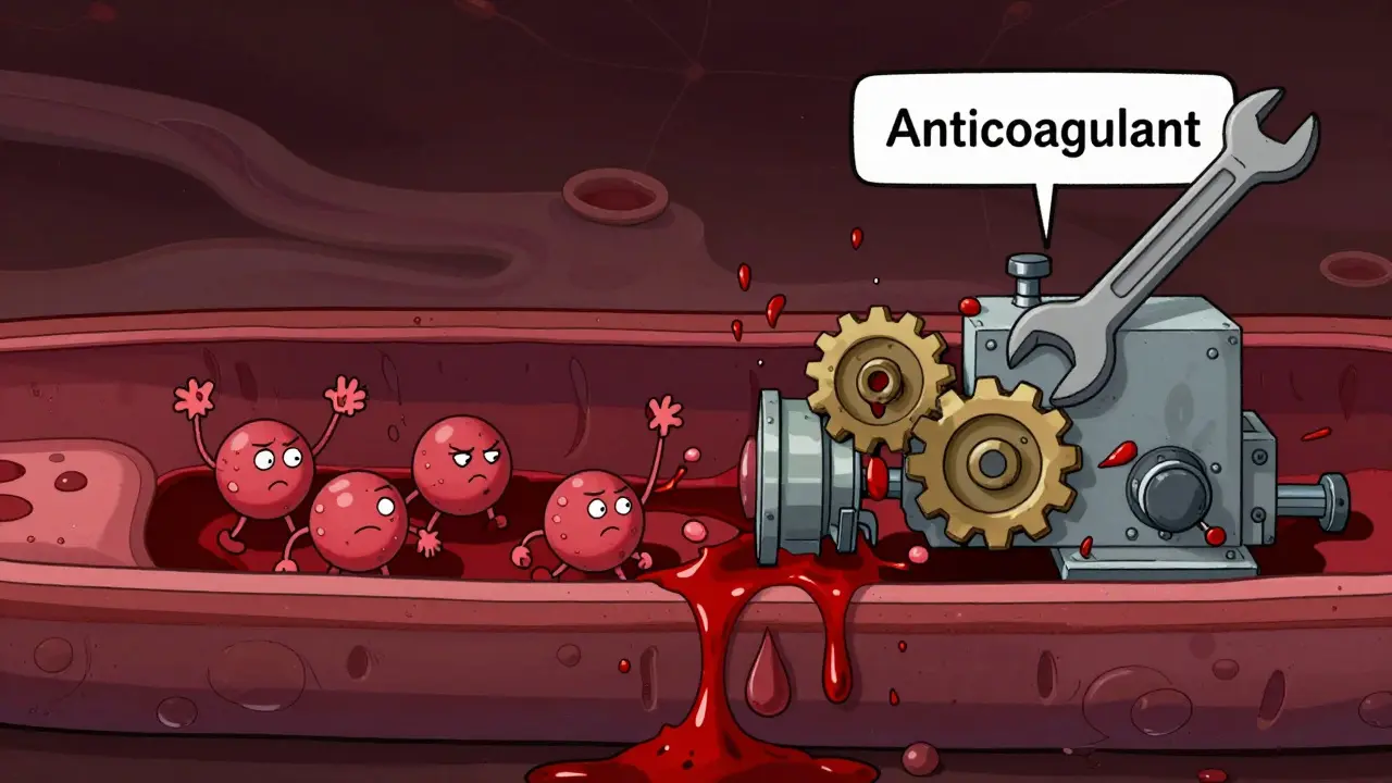 Illustration of blocked platelets and jammed clotting machinery in a vein.