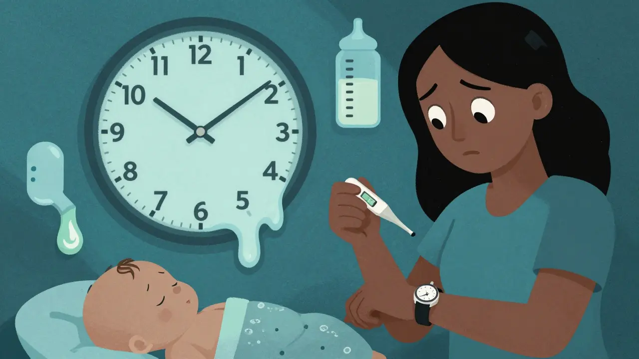 Mother checking time and monitoring baby's health while taking medication safely.