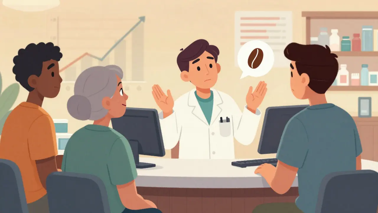 Pharmacist educating diverse patients about generic medication safety