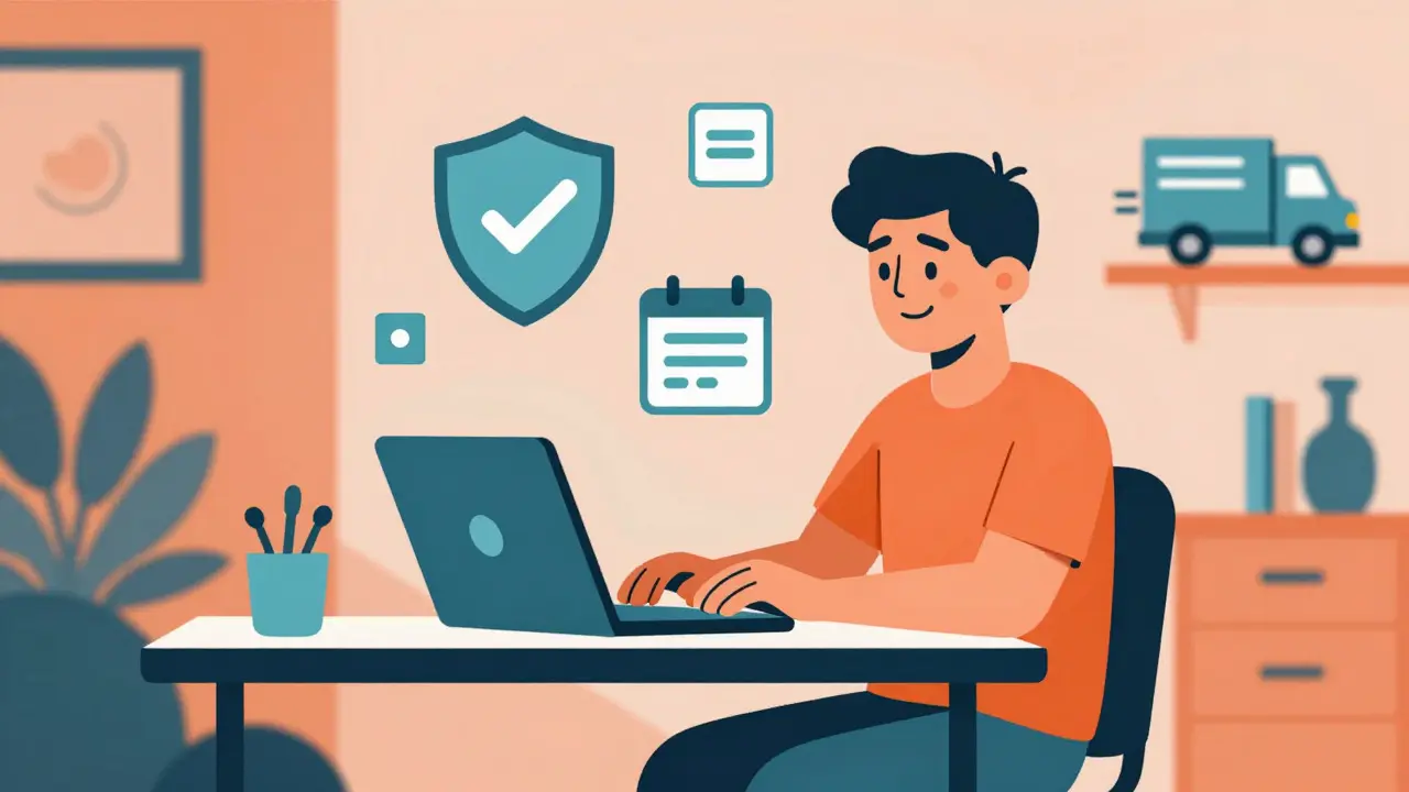 Relaxed person managing prescriptions safely online at home desk