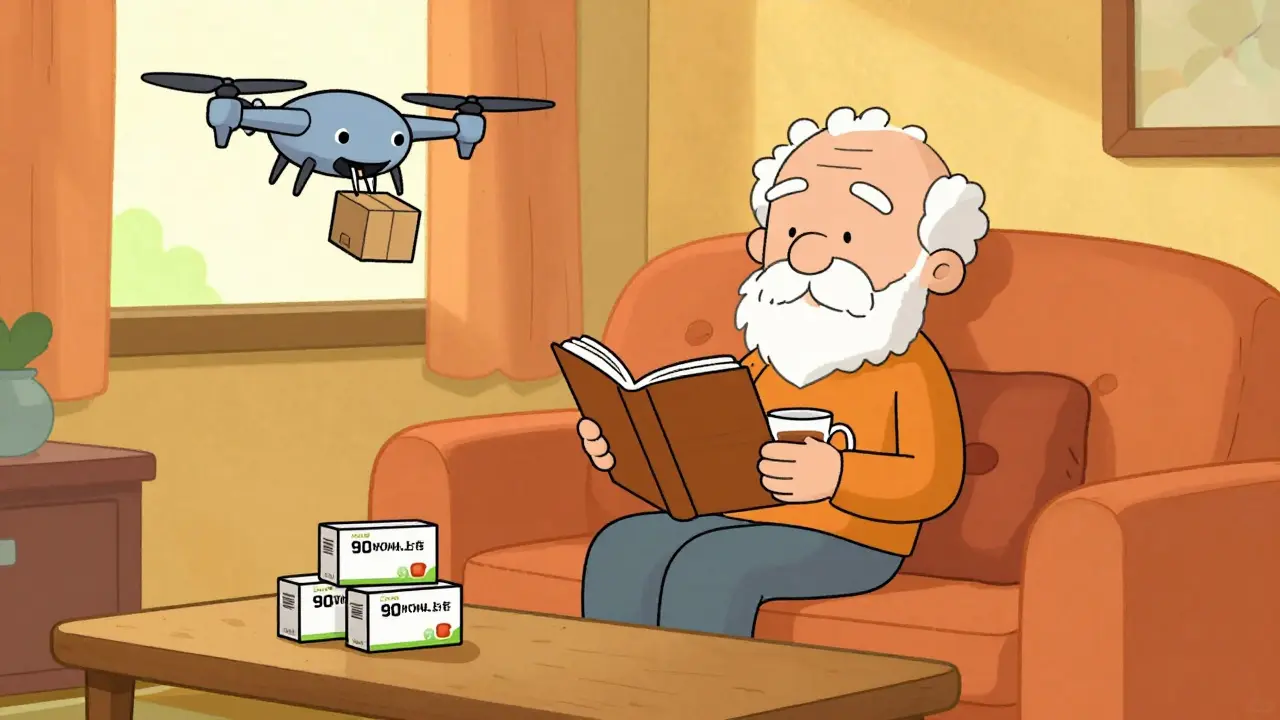 Relaxed senior on couch with 90-day medication supply and delivery drone