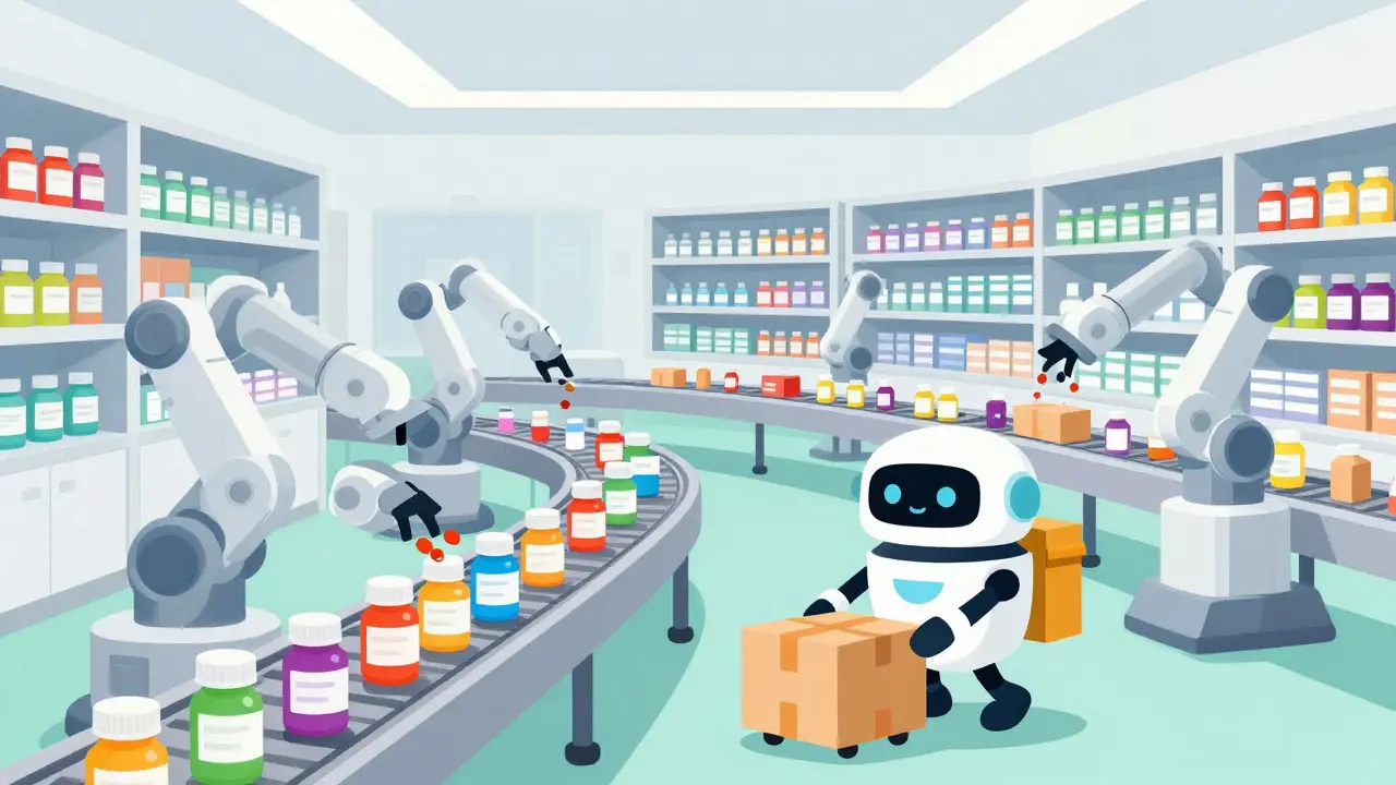 Robotic arms sorting pills in a modern mail-order pharmacy warehouse