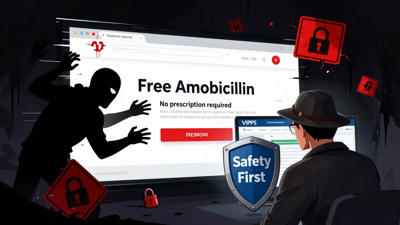 Satirical cartoon warning about fake online drug scams