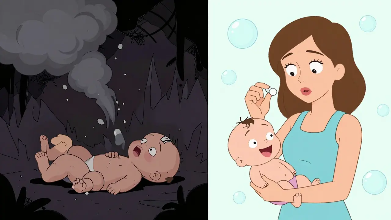 Split screen comparing risky old meds vs safe new allergy meds for nursing moms.