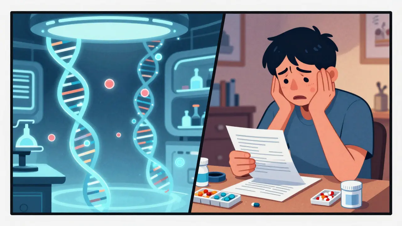 Split view of futuristic biomarker research vs insurance struggles