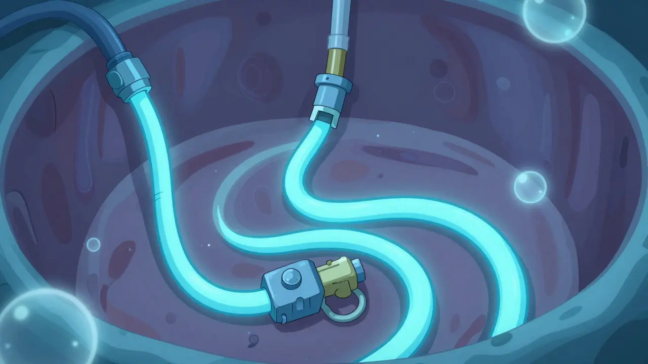 Stylized internal view of a blue catheter tube draining fluid in the abdomen