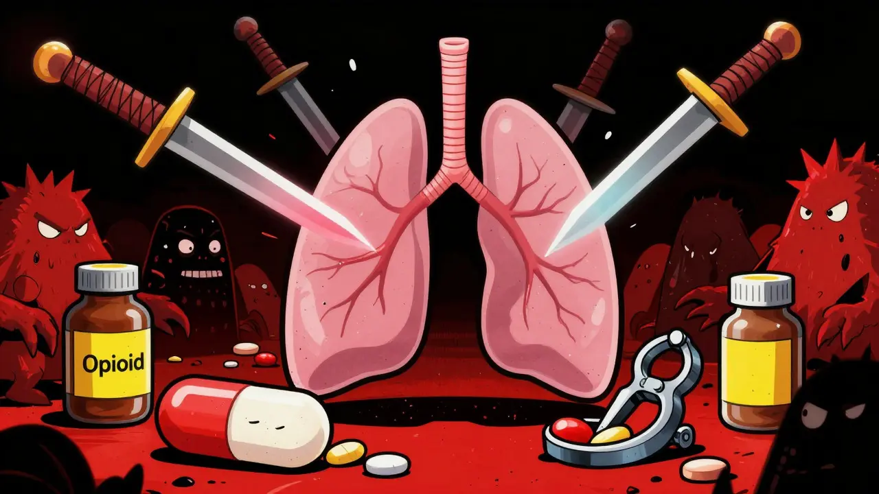Cartoon lungs under attack by personified dangerous medication pills