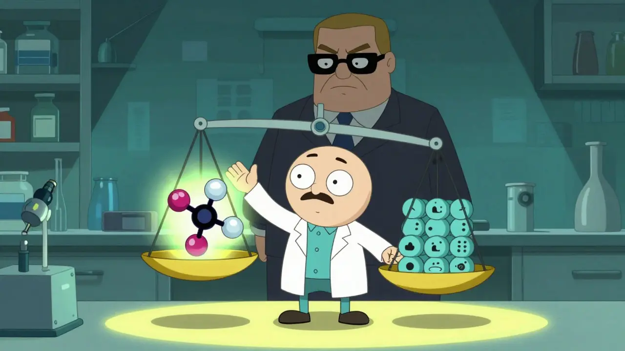 Cartoon scientist balancing a scale with a judge observing in a dimly lit lab