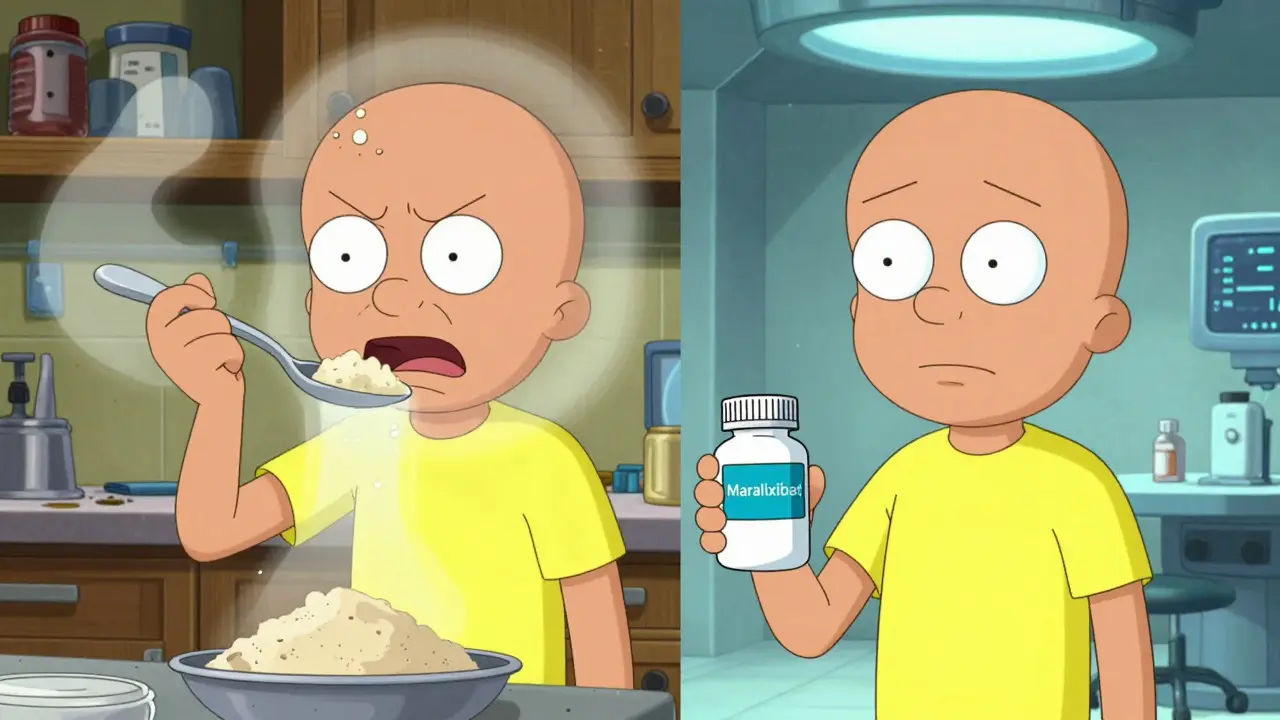 Character rejecting gritty powder medicine while accepting a modern pill treatment.