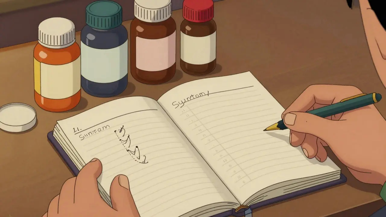 Hand holding a symptom log notebook and medication bottles
