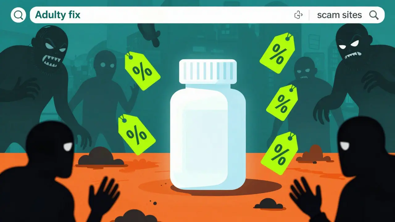 Heroic generic pill bottle surrounded by scam monsters and discount tags in cartoon style.