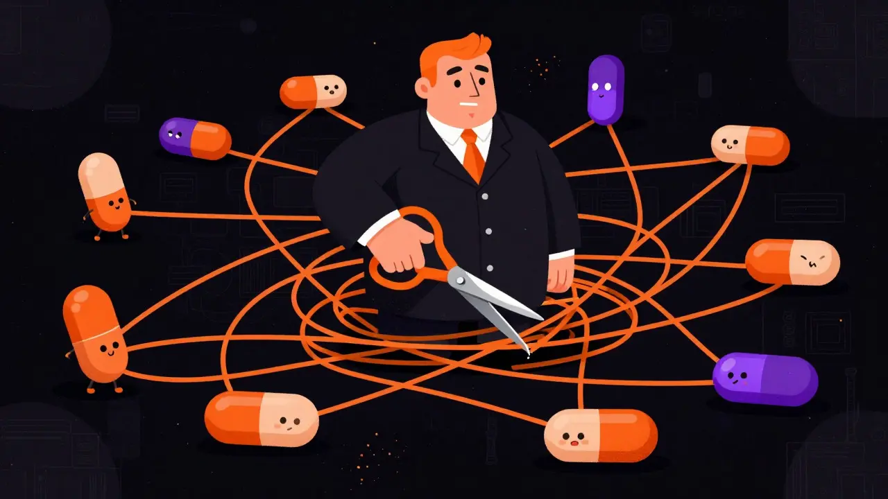 Illustration of a judge cutting orange threads connecting pill characters in a dark void