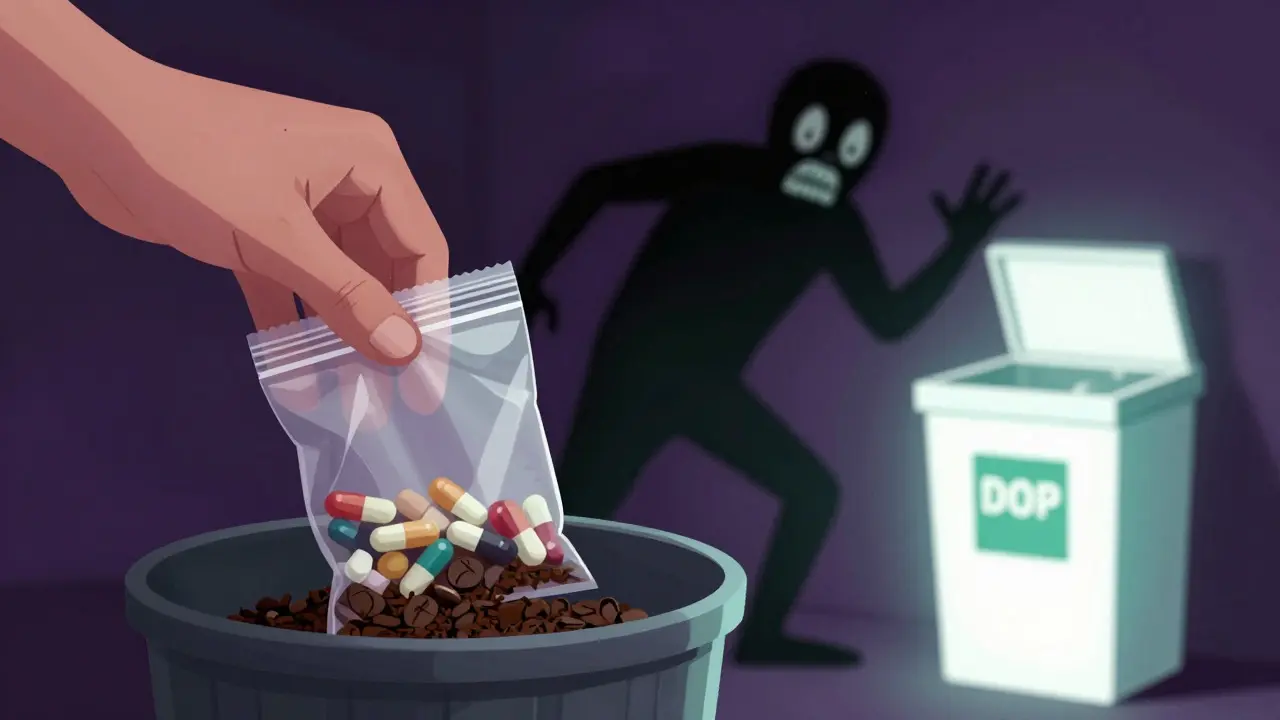 Illustration of safely disposing expired pills in a bag versus flushing them