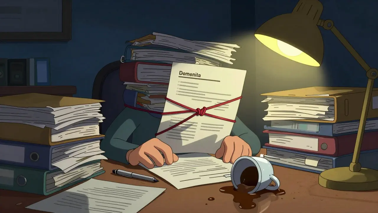 Overworked specialist surrounded by stacks of regulatory documentation in a dim office