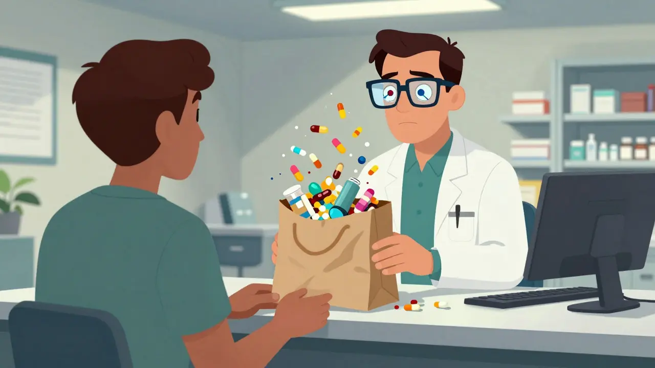 Patient showing a bag full of mixed medications to a scrutinizing pharmacist