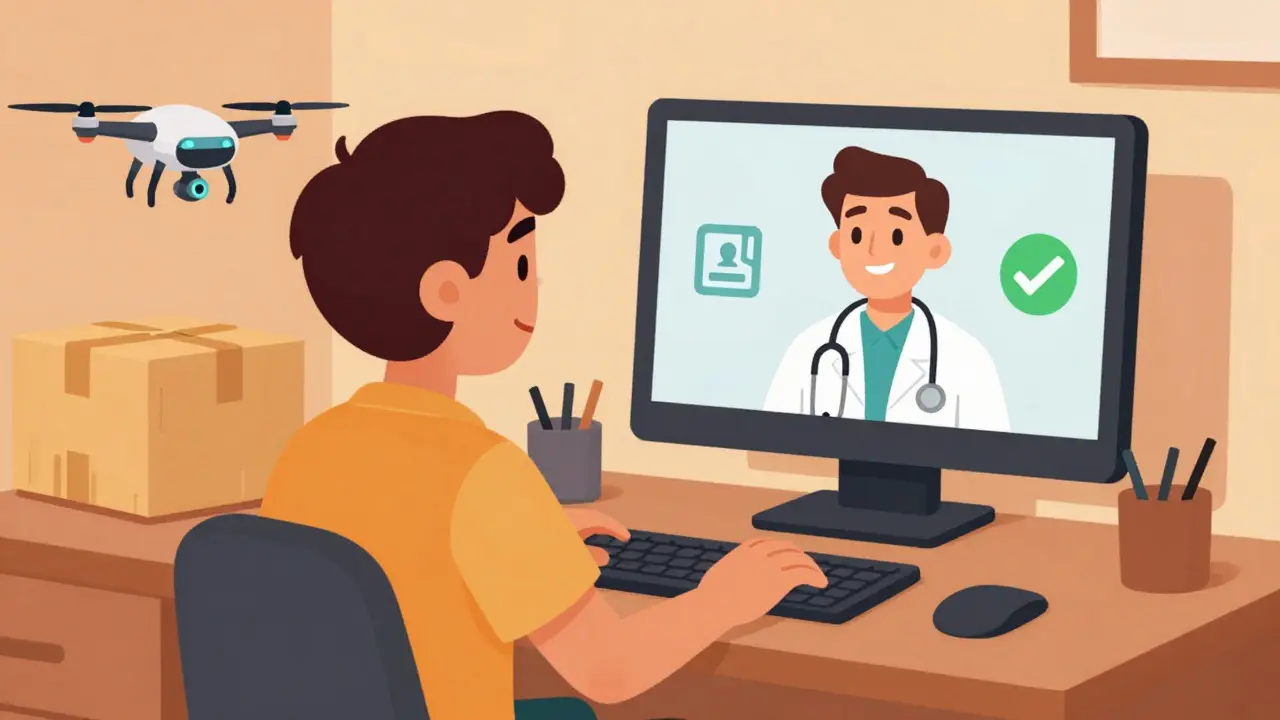 Person happily receiving medication via telehealth consultation