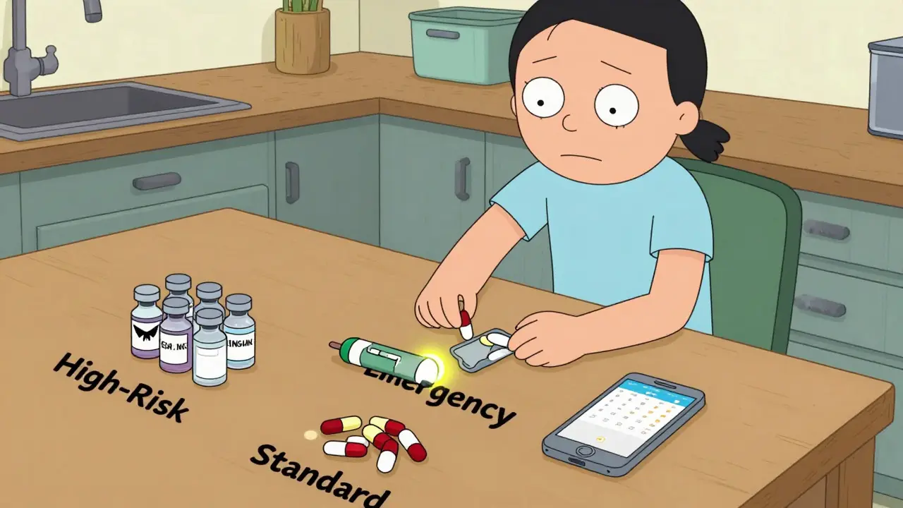 Person sorting meds into piles on a table with a smartphone reminder