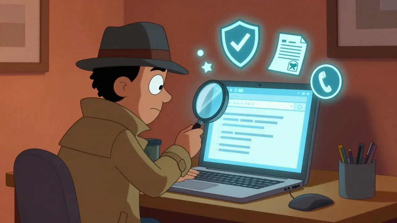 Person verifying online pharmacy safety with magnifier