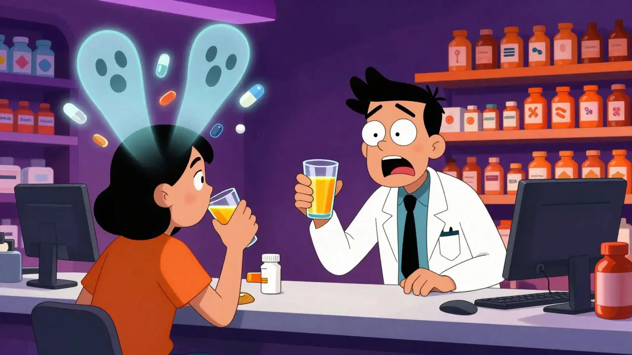 Pharmacist warning a customer drinking juice with medication in neon-lit shop.