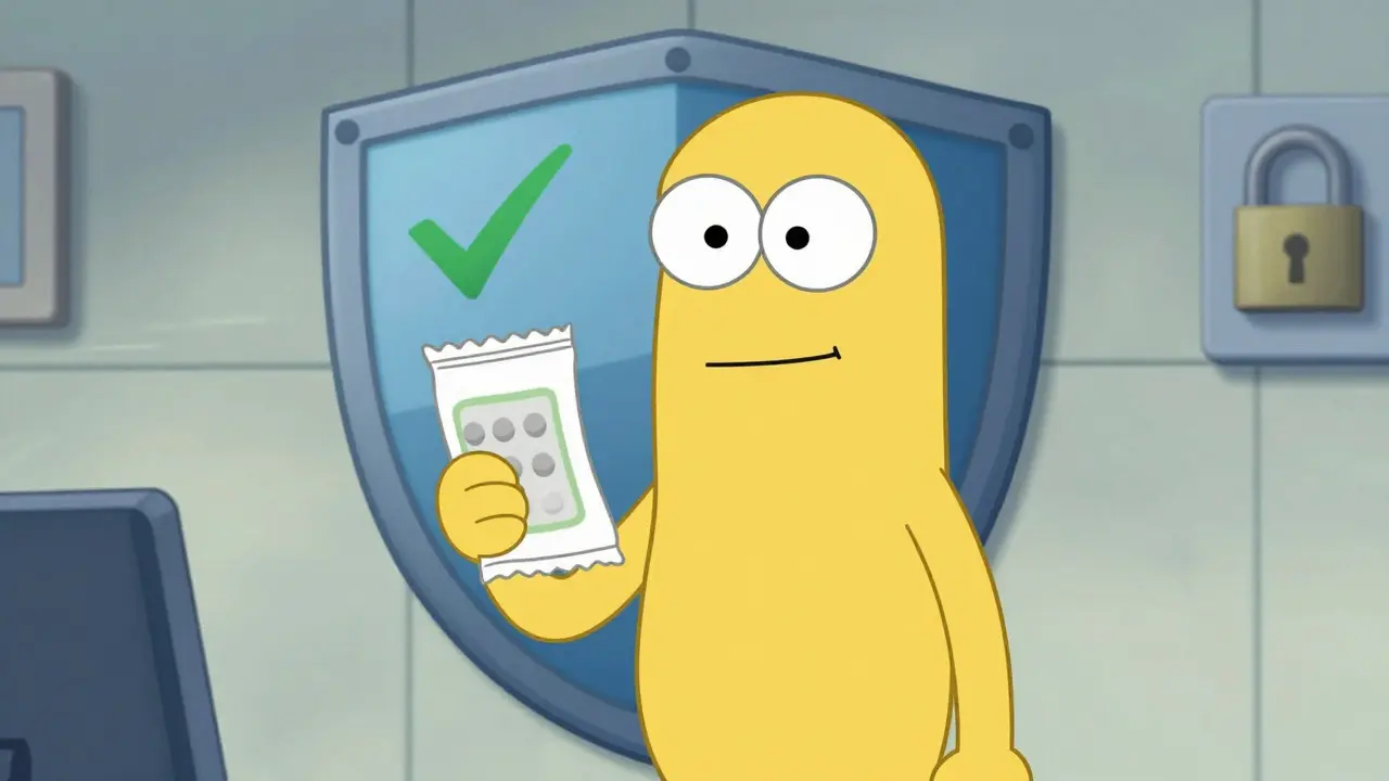 Satisfied person holding medicine package with security shield in Adult Swim illustration style.