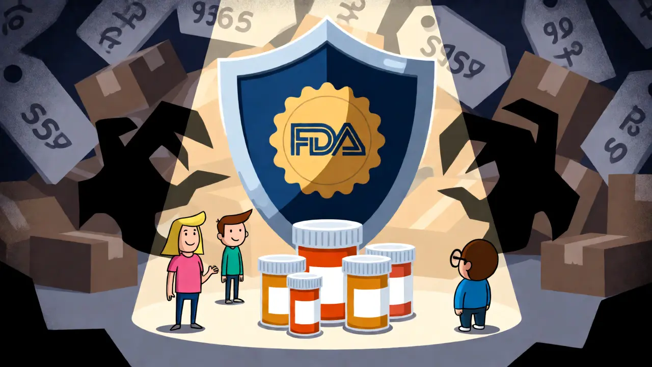Shield protecting safe generic medications from online scams