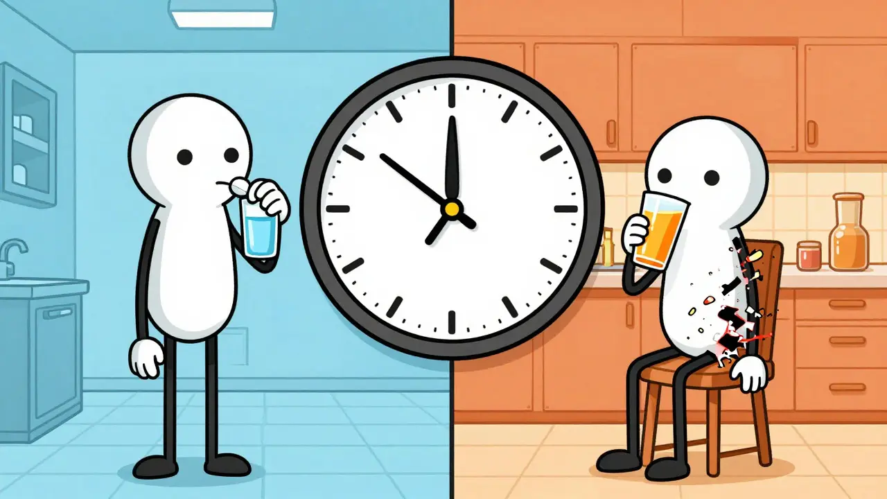 Split-screen cartoon comparing safe water intake versus ineffective juice consumption.