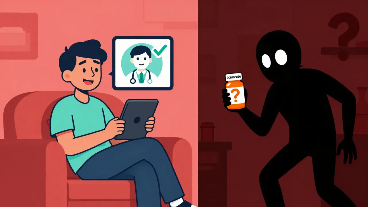 Split screen showing safe telehealth consultation vs shady scam website