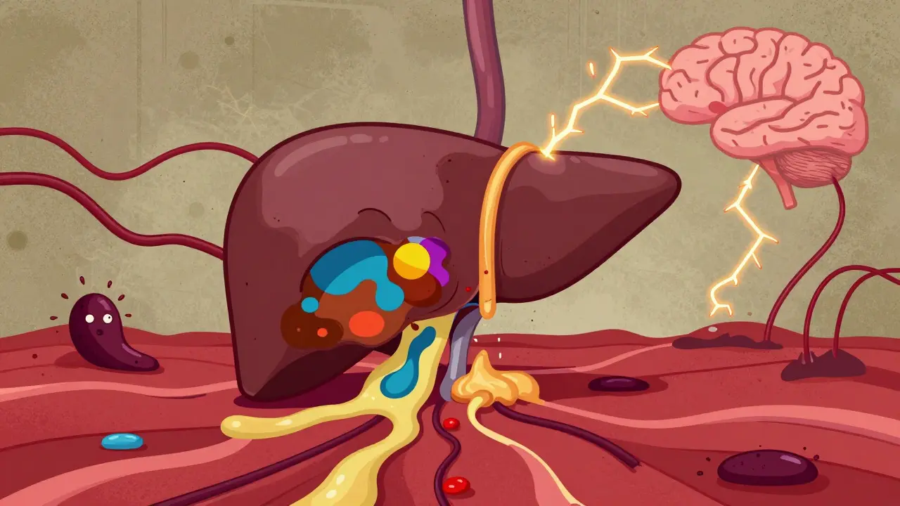Stylized liver blocked by bile, sending toxic signals along nerves to the brain.