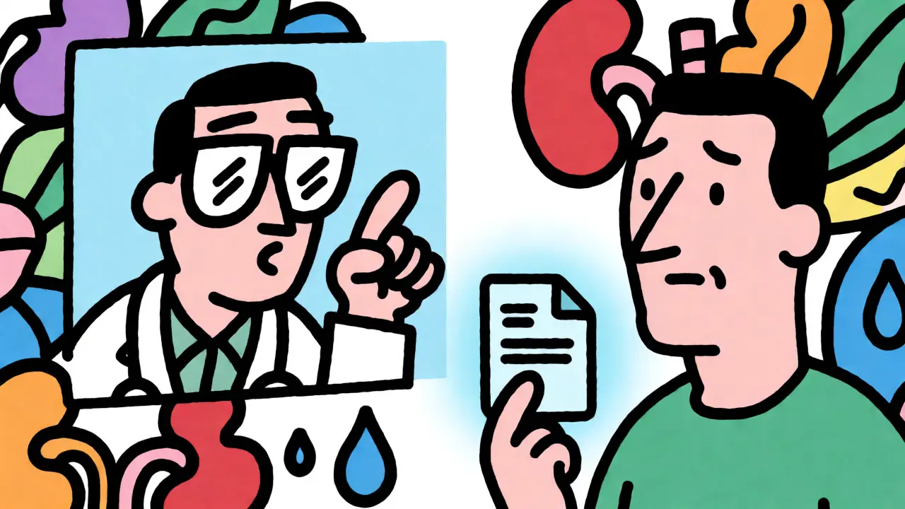 Cartoon doctor on video call prescribing medication to patient